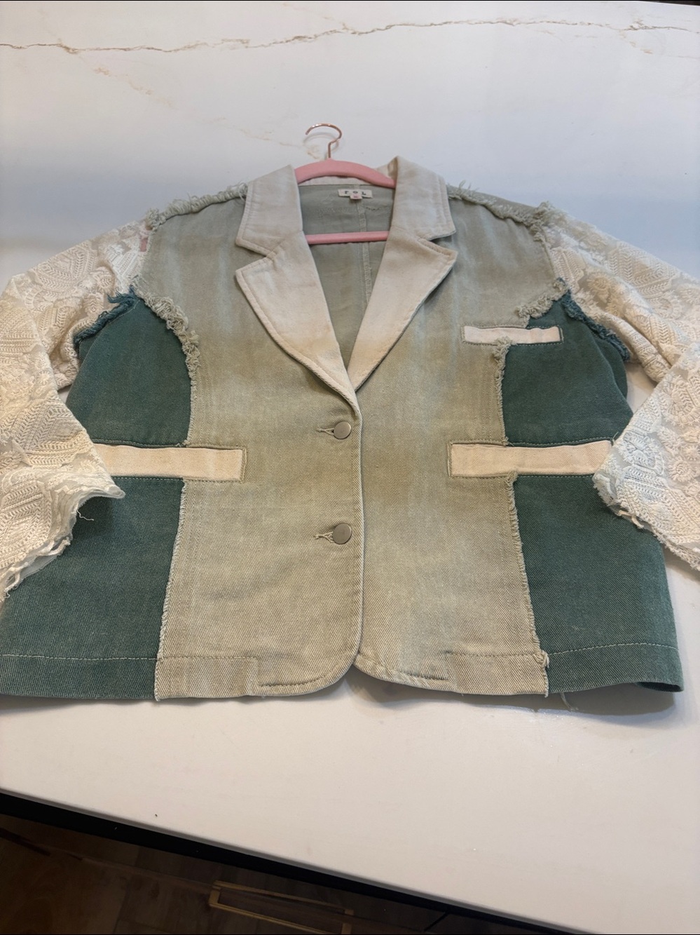 POL Colorblock Lace-Trim Jean Jacket in White and Seafoam